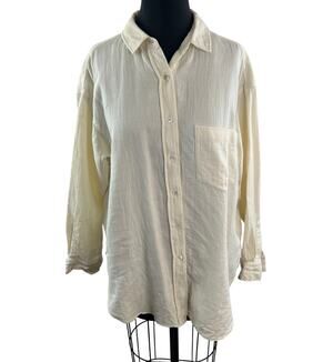 CLOSED Yellow Top Waffle Collared Curved Hem Drop Shoulder Button-Up Size Small
